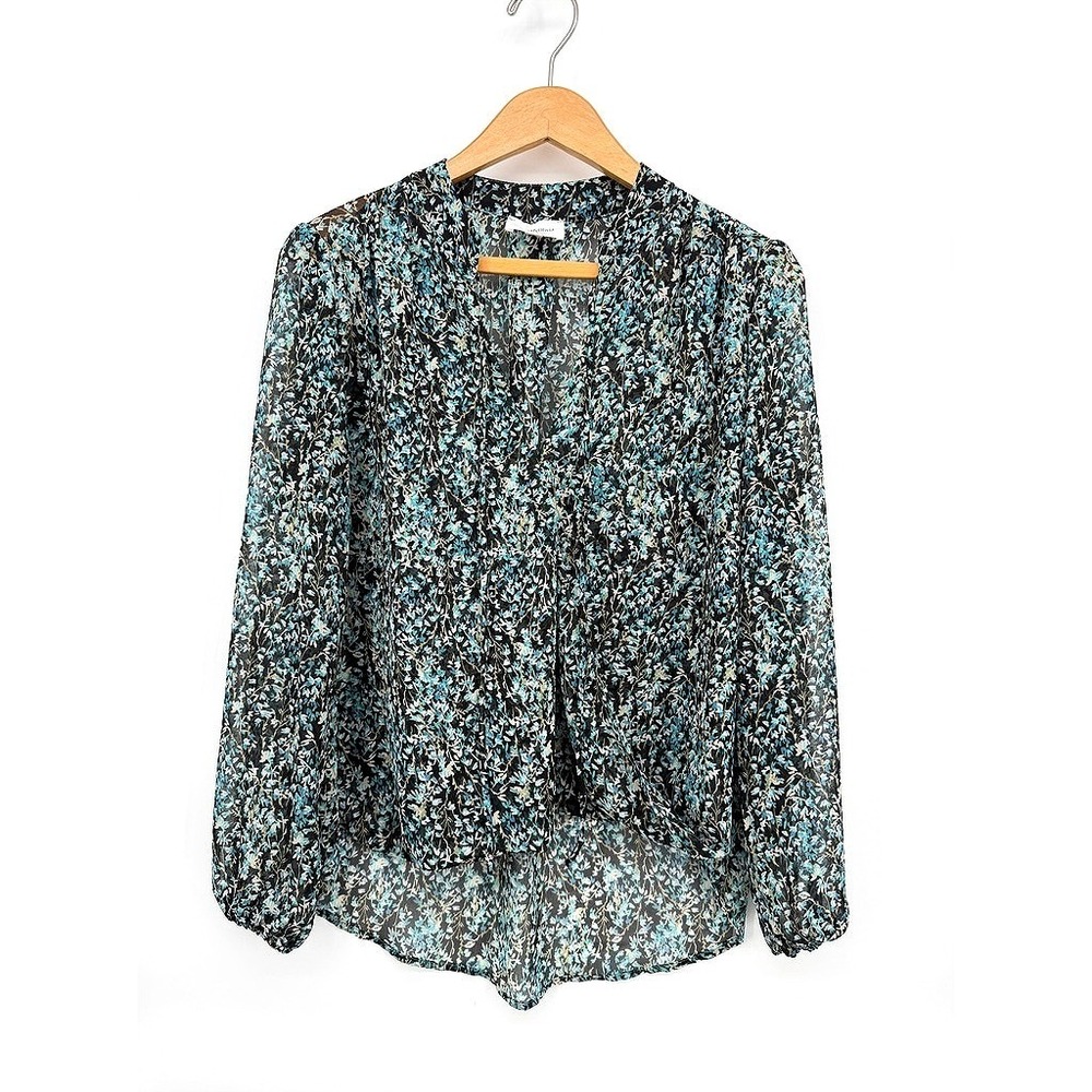 Emma & Olivia Blouse Floral Sheer Long Sleeve V-Neck High Low Blue Size Small